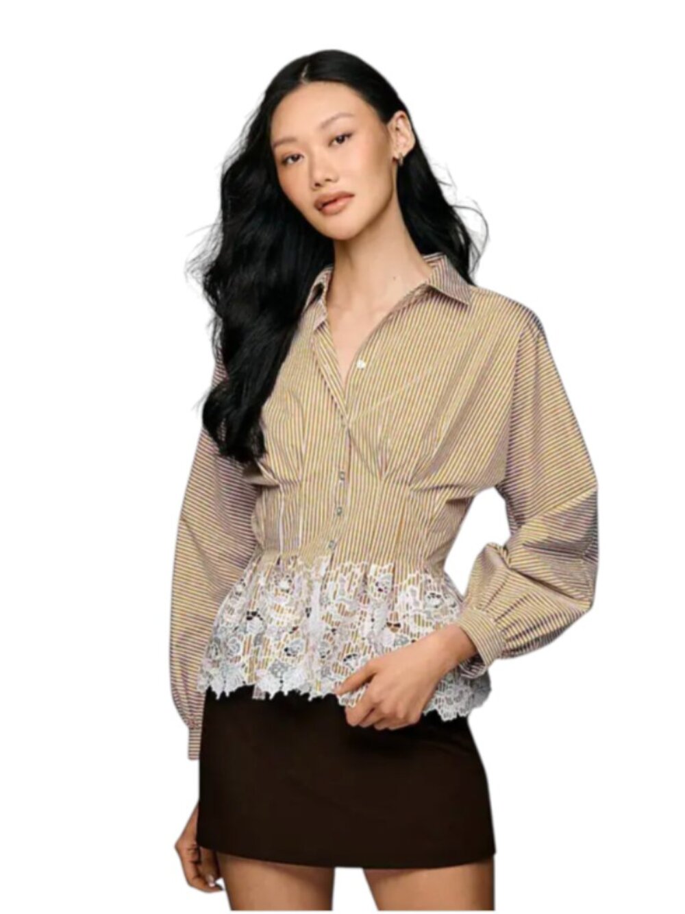 En Saison Juliette Button Down Shirt Blouse Top Womens Medium Brown White Stripe